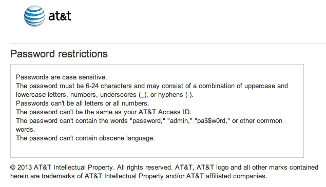 Lista de restrições da AT&T. É proibido xingar.