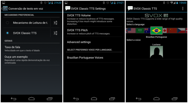 Tela de configuração do Android, do SVOX Classic e  do download do pacote de voz em português.