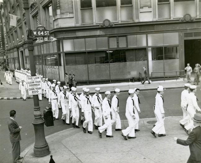 Coast Guard pharmacists march on 64th Street, ca. 1943.
