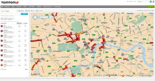 TomTom Traffic mostra o trânsito em tempo real; no exemplo Londres hoje às 17:10