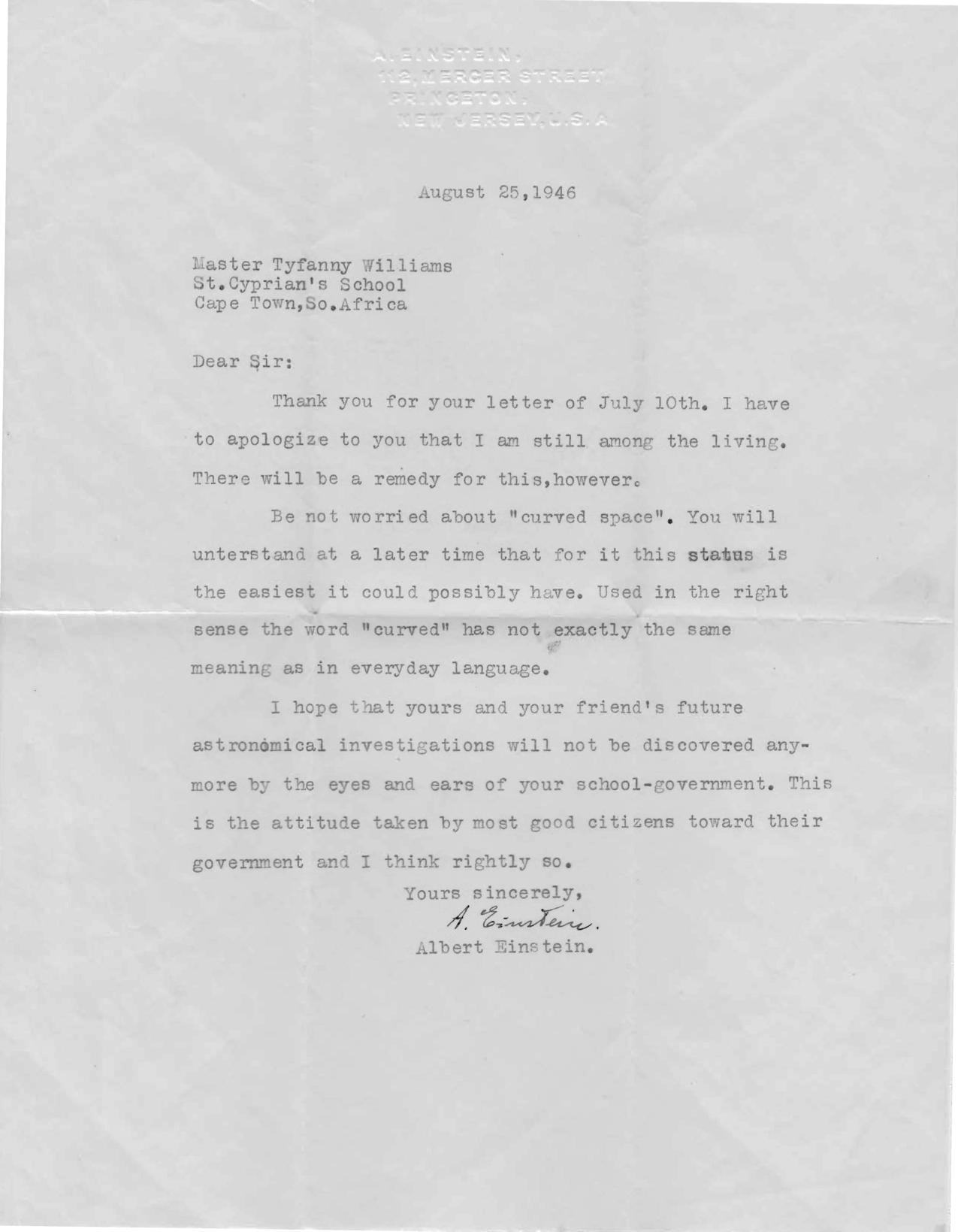 Einstein's Letter to Van 1946-08-25 no image adjustment