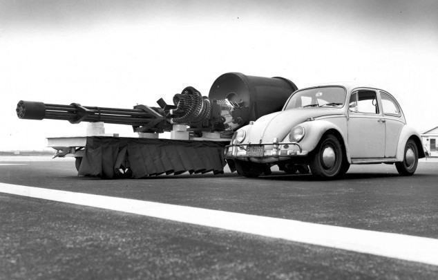 General Electric GAU-8/A displayed next to a Volkswagen Beetle for size comparison. (U.S. Air Force photo)