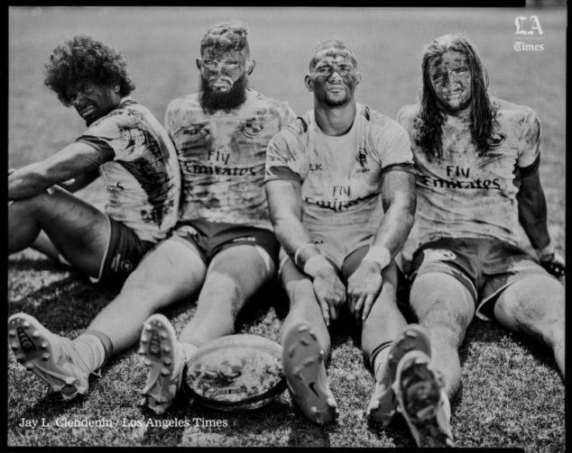 CHULA VISTA, CA --JUNE 22, 2016 -- Folau Niua, Danny Berret, Martin Iosefo and Garrett Bender, from left, will be part of the Men's Sevens U.S.A. Rugby team, at the 2016 Rio Olympics and are photographed at the Olympic Training Center in Chula Vista, CA,June 22, 2016. (Jay L. Clendenin / Los Angeles Times)