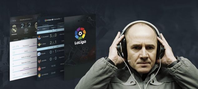 Montagem com imagem do app da La Liga e o ator Ulrich Mühe no filme "A Vida dos Outros" escutando atento em fones de ouvido