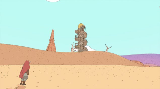Sable chegando perto de uma torre no deserto