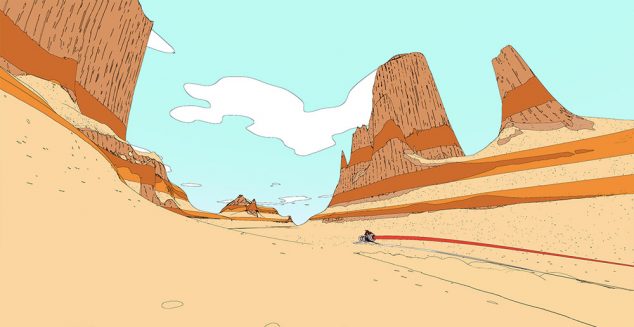 Sable anda de hoverbike no deserto do planeta 