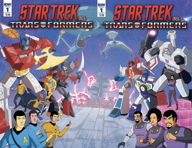 Capa dupla do crossover de Star Trek com Transformers
