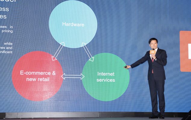 Modelo de negócios da Xiaomi mostrado em um slide por um executivo da empresa.