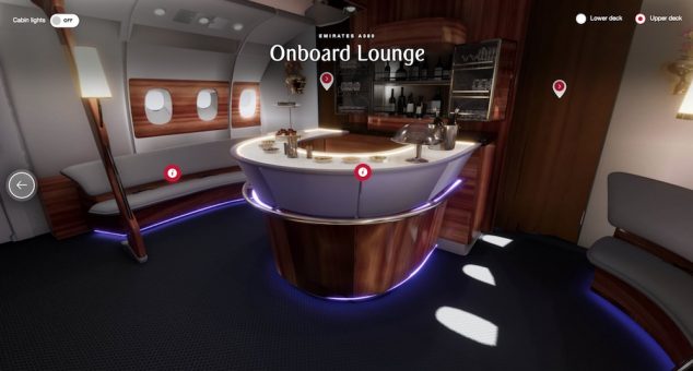 Reprodução em 3D do lounge/bar do A380 da Emirates 