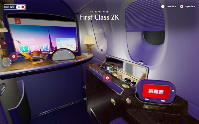 Reprodução em 3D da cabine de primeira classe do A380 da Emirates 