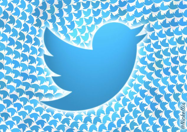 Montagem com o passarinho azul da marca do Twitter. 