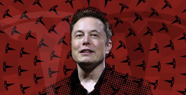 Elon Musk sobre fundo com marcas da Tesla, em montagem de Nick Ellis para o Meio Bit.