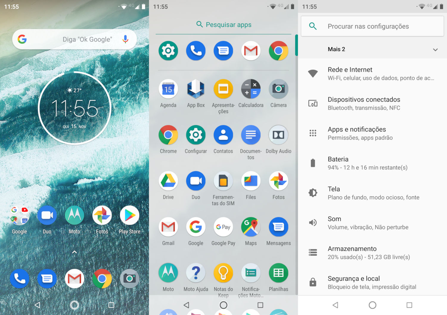 Screenshots do Motorola One: tela de início, gaveta de apps e opções de Configurações