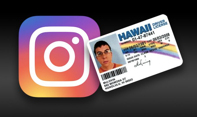 Na imagem uma brincadeira com a marca do Instagram e a identidade falsa de McLovin do filme Superbad: É Hoje. 