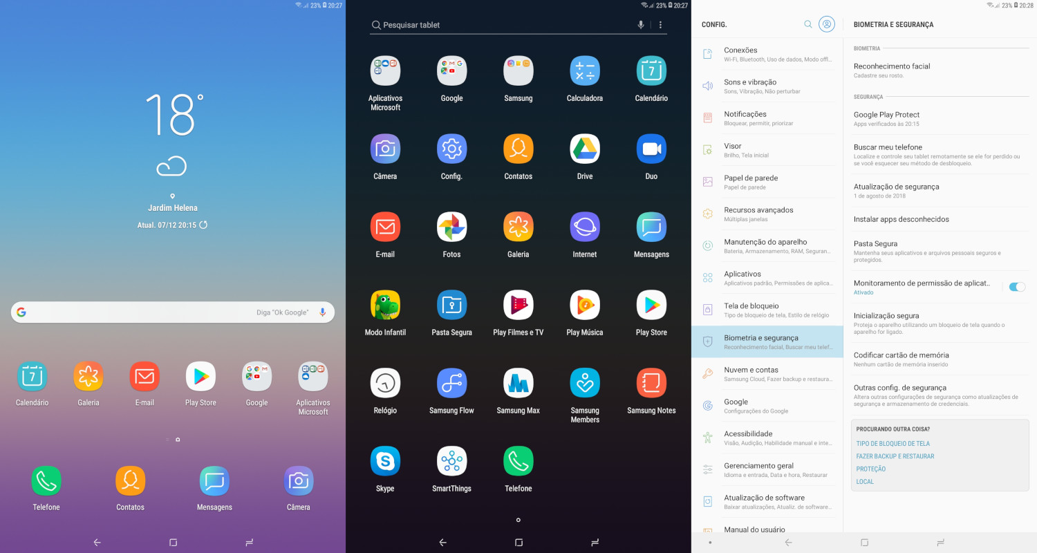 Samsung / tela Home, bandeja de apps e Configurações do Galaxy Tab A 10.5"