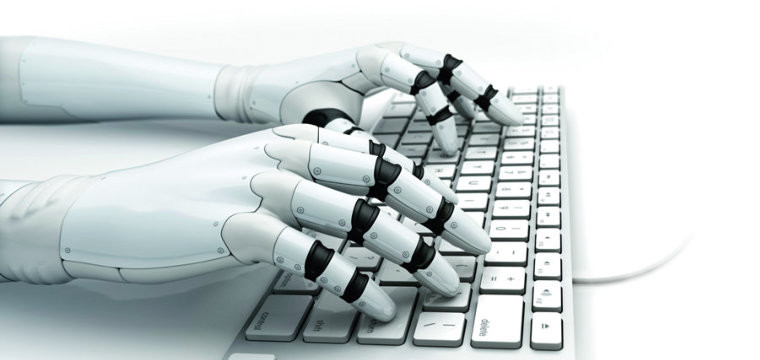 Mãos robóticas digitando em teclado / IA