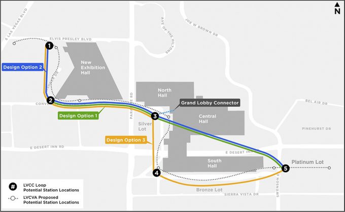 Mapa com propostas de percursos e estações no loop que a The Boring Company vai fazer ligando os pavilhões do centro de convenção de Las Vegas. 