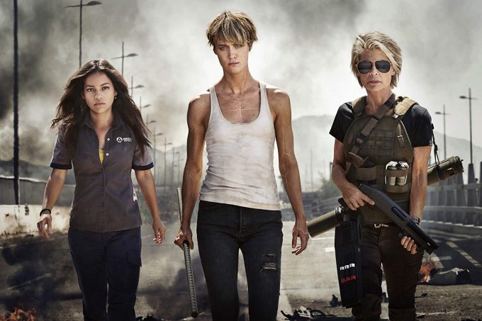 Natalia Reyes, Mackenzie Davis e Linda Hamilton em foto de divulgação de Terminator: Dark Fate