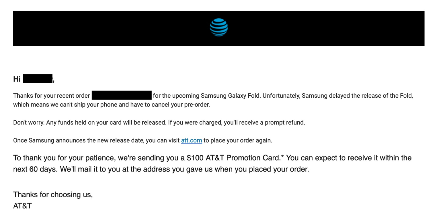 Tom's Guide / e-mail da AT&T informando do cancelamento da pré-venda do Galaxy Fold