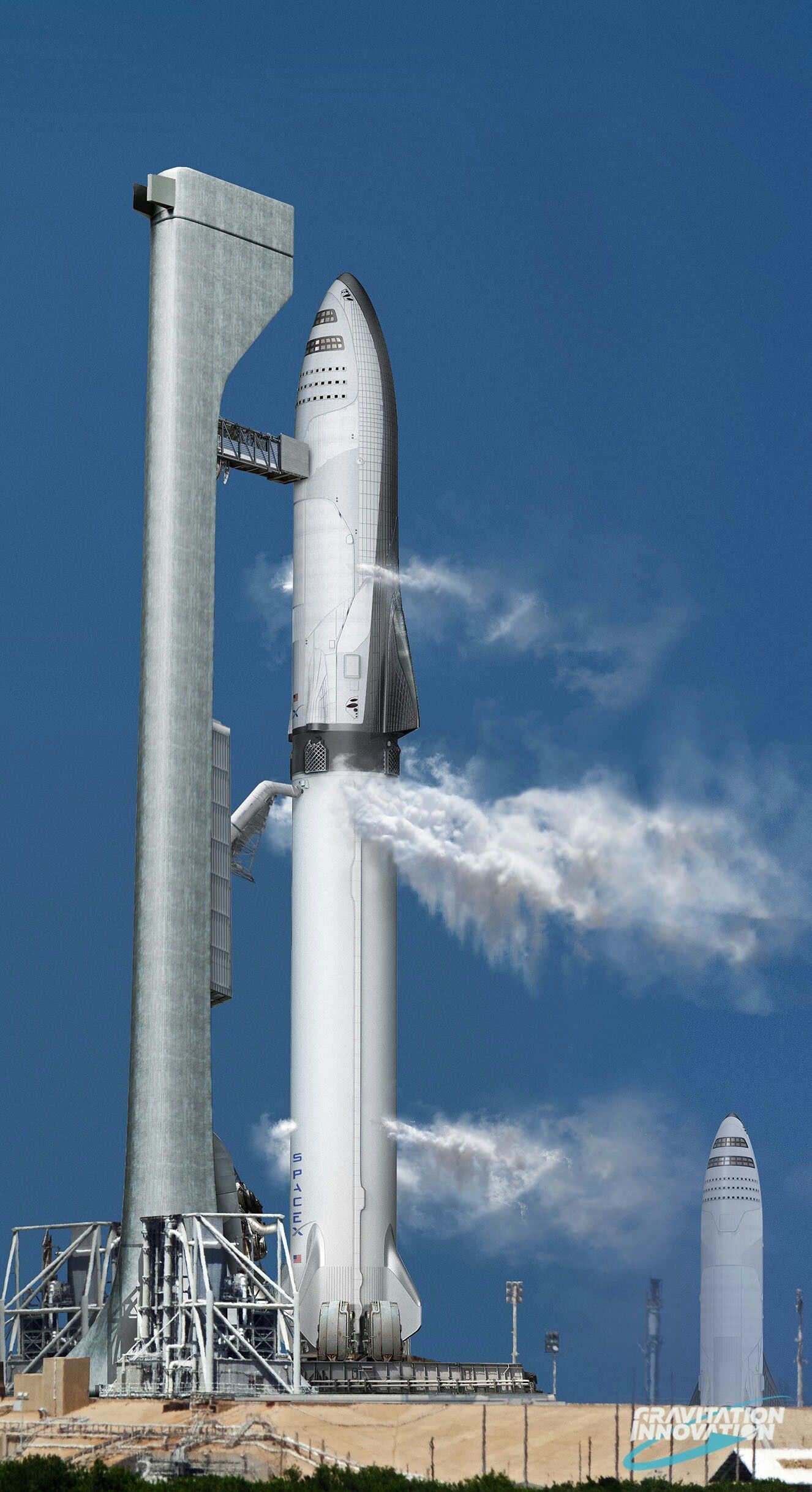 Starship da SpaceX em cima do Super Heavy