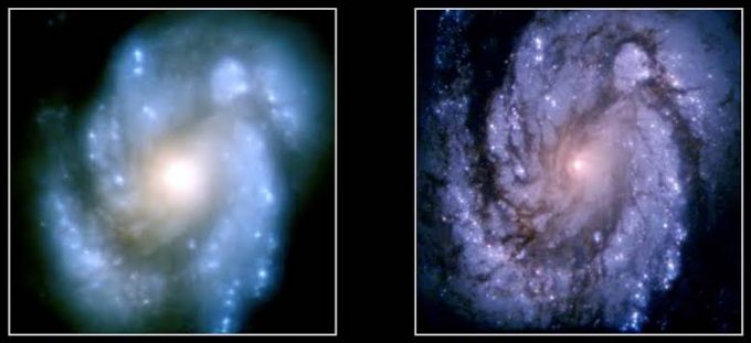 Comparativo da imagens da galáxia M100 antes e depois do reparo do Hubble