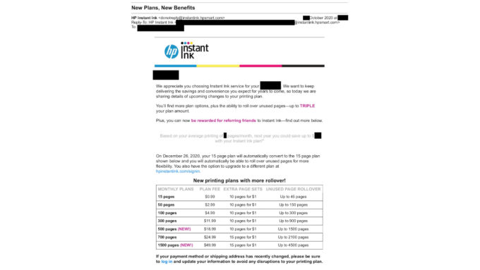 E-mail da HP enviado a assinante do plano de tinta grátis (Crédito: EFF.org)