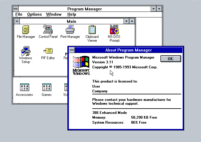 Área de Trabalho do Windows 3.11 para Workgroups (Crédito: Reprodução/Microsoft)
