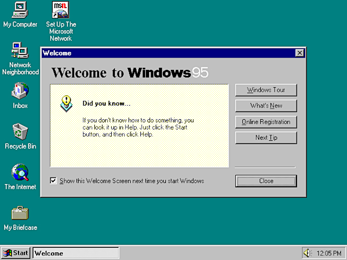 Área de Trabalho do Windows 95 (Crédito: Reprodução/Microsoft)