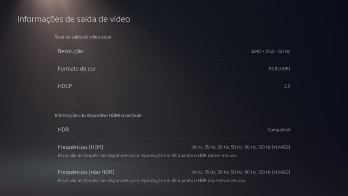 Configurações de vídeo disponíveis para o PS5 com a LG CX (Crédito: Reprodução/Sony)