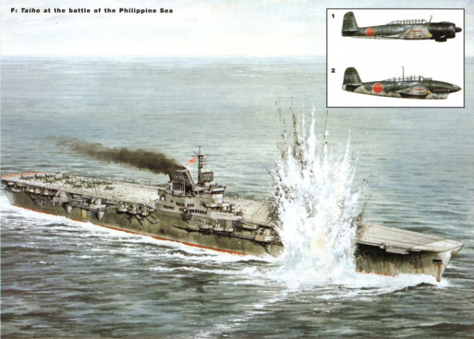 Representação artística de como o torpedo do USS Albacore atingiu o Taihou (Crédito: acervo internet) / controle de danos