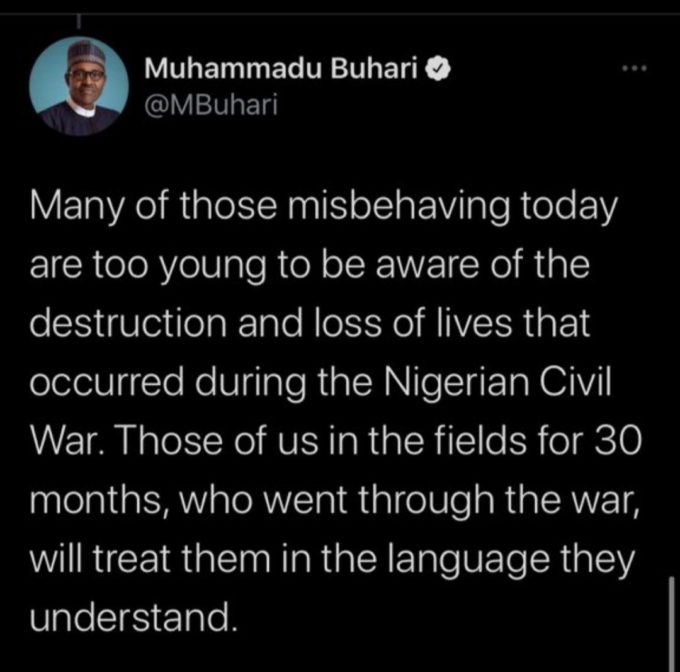 O tweet deletado de Buhari (Crédito: Reprodução/Twitter)