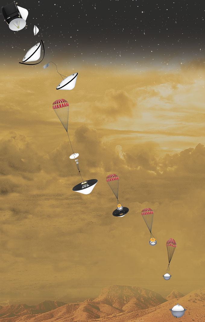 Representação artística do processo de entrada da sonda atmosférica DAVINCI+ em Vênus (Crédito: Divulgação/GFSC/NASA)