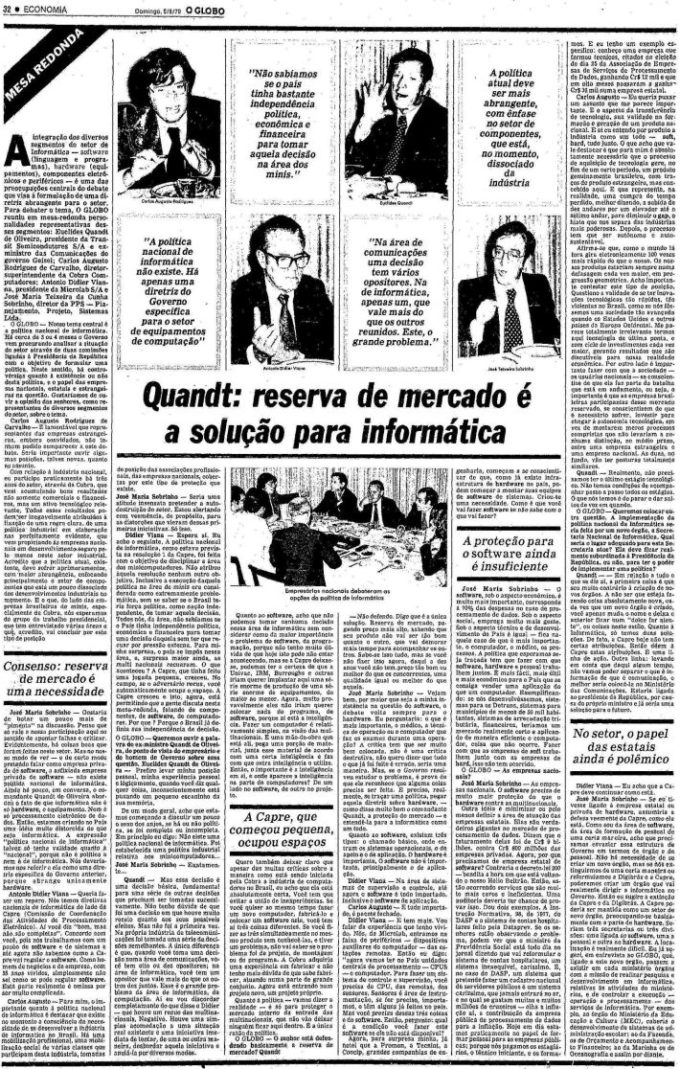 Matéria do jornal O Globo de 05/08/1979, em que empresários do setor de informática, entre eles Euclides Quandt, ex-ministro das Comunicações do governo do general Ernesto Geisel, discutem a reserva de mercado como política necessária para o Brasil (Crédito: Reprodução/O Globo) 