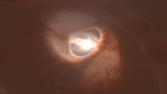 Modelo de GW Orionis, baseado nas observações do ALMA (Crédito: ALMA [ESO/NAOJ/NRAO], ESO/Exeter/Kraus et al.) / planeta