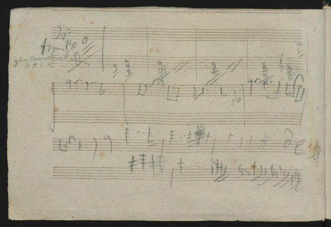 Página das notas deixadas por Beethoven para a 10ª Sinfonia (Crédito: Reprodução/Beethoven House Museum)