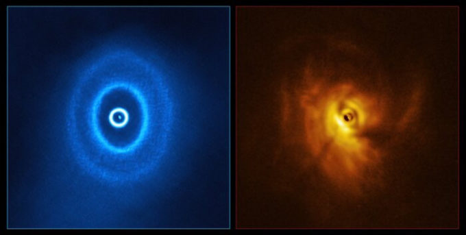 Imagem do ALMA (esq.) mostra estrutura dos discos de acreção em volta de GW Orionis, e evidência presença do espaço vazio; `direita, sombra criada pelo disco externo sobre os demais (Crédito: ALMA [ESO/NAOJ/NRAO], ESO/Exeter/Kraus et al.)