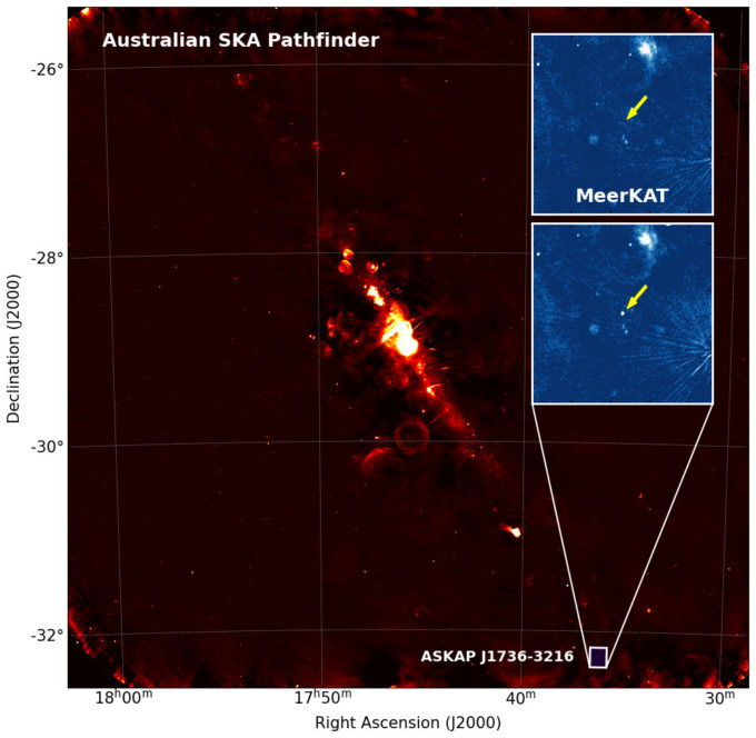 Imagem do centro da galáxia fornecida pelo ASKAP; no detalhe, dados do MeerKAT mostram o sinal aparecendo e sumindo (Crédito: The American Astronomical Society) / rádio