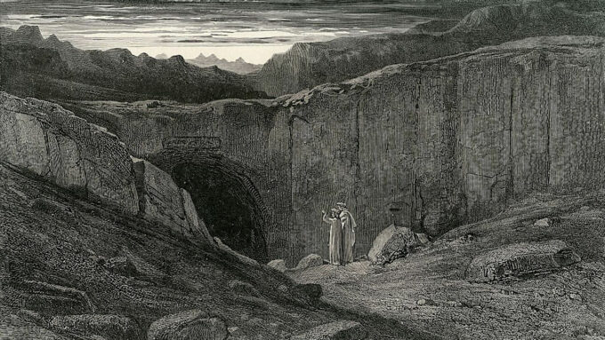 Detalhe de "A Porta do Inferno" de Gustave Doré, da série de artes produzidas para a edição ilustrada de A Divina Comédia, de Dante Alighieri (Crédito: domínio público)