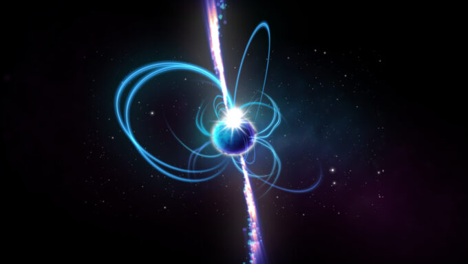 Representação artística de um magnetar; os feixes são emissões de radiação eletromagnética, e os círculos, linhas de seu forte campo magnético (Crédito: Reprodução/International Centre for Radio Astronomy Research - ICRAR) / corpo celeste