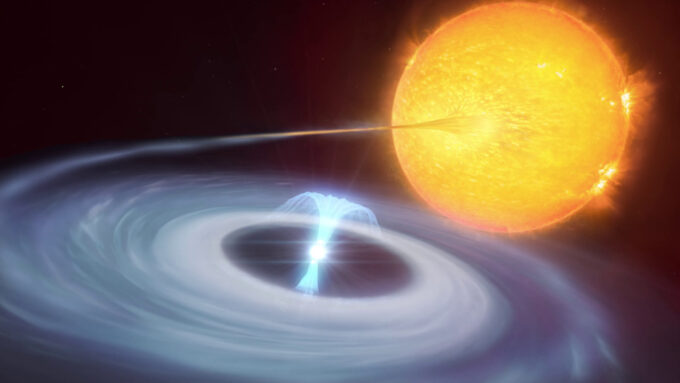 Representação artística de sistema binário, formado por uma anã branca, roubando materiais (geralmente hidrogênio) da estrela vizinha; esses materiais desencadeiam a explosão em micronova (Crédito: Reprodução/European Southern Observatory)