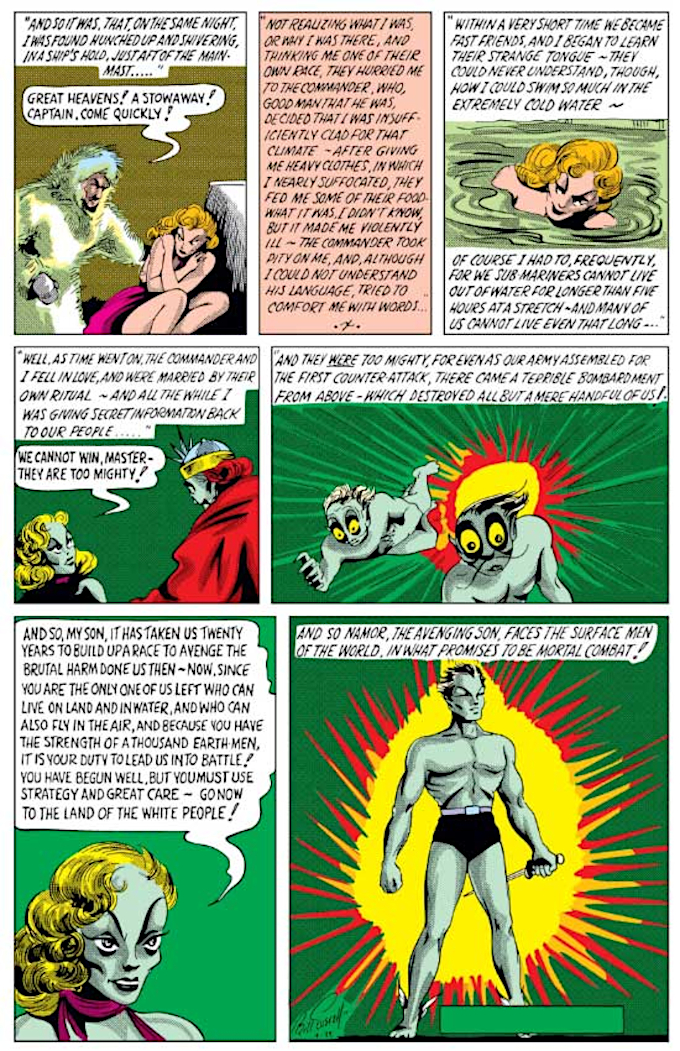 A primeira história de Namor já explicava sua origem, como um híbrido humano/atlante. Arte e texto de Bill Everett (Crédito: Reprodução/Marvel Comics/Disney)