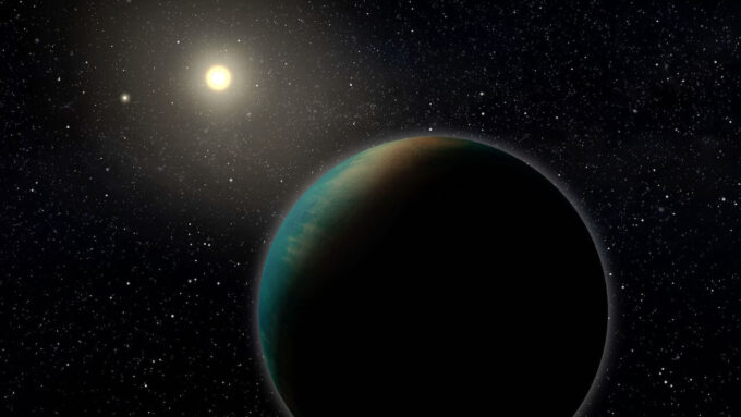 Representação artística do exoplaneta TOI-1452 b; sua massa sugere composição de materiais mais leves que os da crosta terrestre, sendo água o candidato mais viável (Crédito: Divulgação/Benoit Gougeon/Université de Montréal)