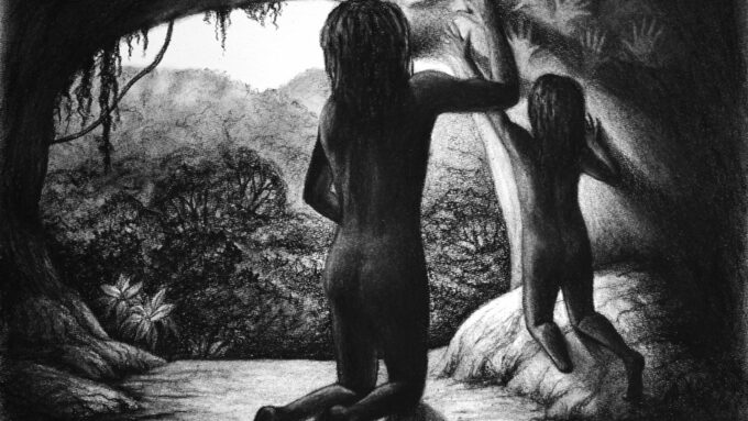 Representação artística de uma cena cotidiana na caverna em que o esqueleto de Tebo 1 foi encontrado, que pode ter ocorrido 31 mil anos atrás (Crédito: Tim Maloney)