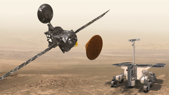 Representação artística da missão ExoMars. Da esq. para a dir.: sonda orbital Trace Gas Orbiter (TGO), módulo Schaparelli, e rover (Crédito: Divulgação/ESA)