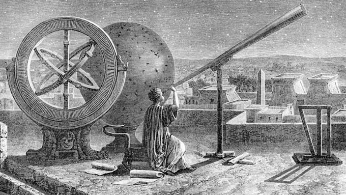 Representação artística moderna de Hiparco, no seu observatório em Alexandria, catalogando o céu noturno (Crédito: acervo internet)