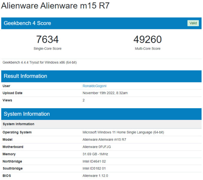 Pontuação do Alienware m15 R7 no Geekbench 4.4.4 (Créditos: Reprodução/Primate Labs)