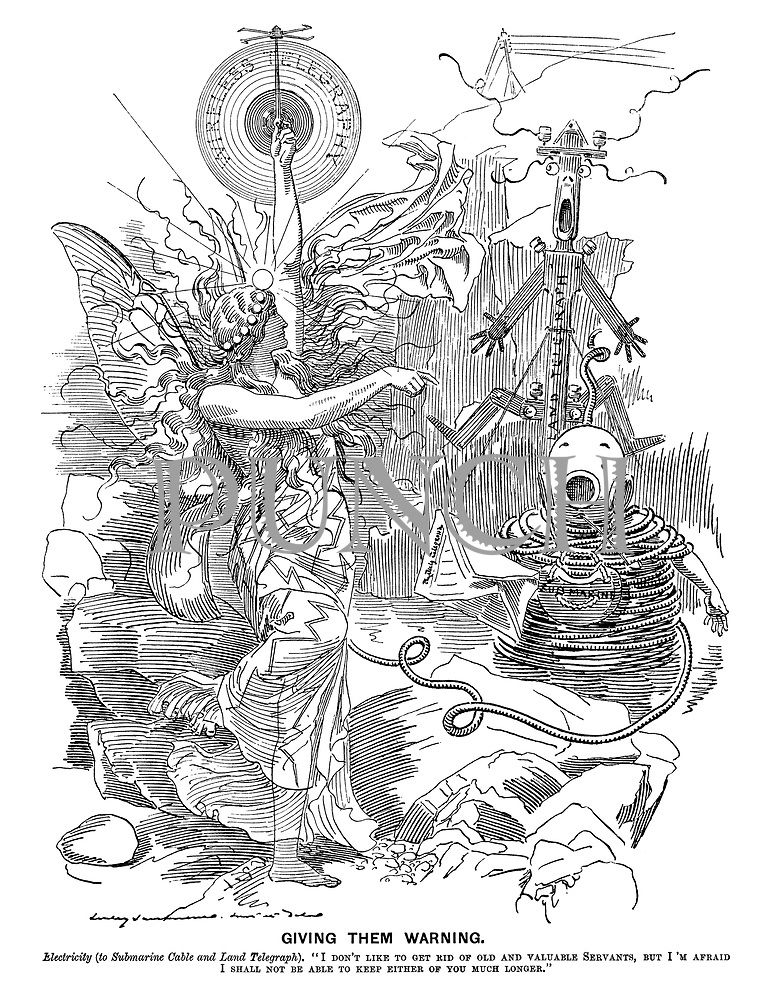 Charge de 1899 da revista satírica Punch: a Eletricidade ameaça acabar com as comunicações terrestre e submarina de telégrafos. Não rolou (Crédito: Edward Linley Sambourne/Punch)