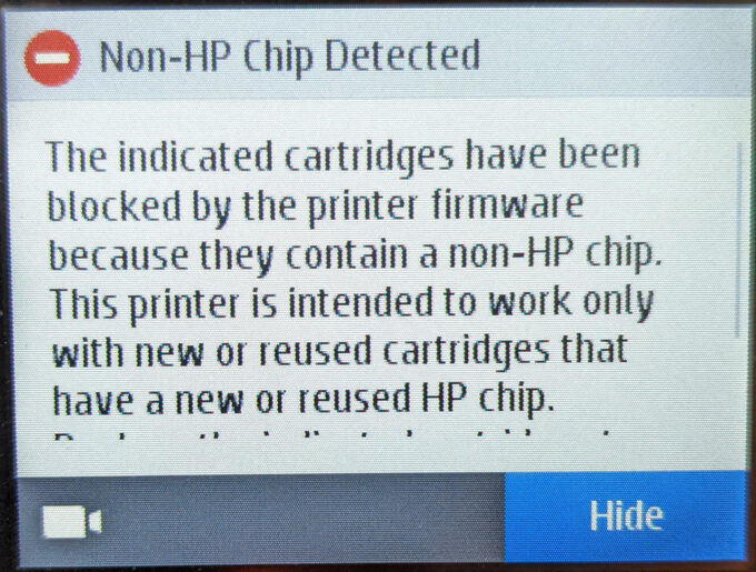 Tela de erro de impressora HP, ao não reconhecer cartucho de tinta alternativo (Crédito: grhhull/Reddit)