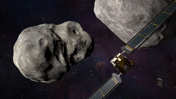 Representação artística da missão DART em rota de colisão com o asteroide Dimorphos (Crédito: NASA/Johns Hopkins APL/Steve Gribben)