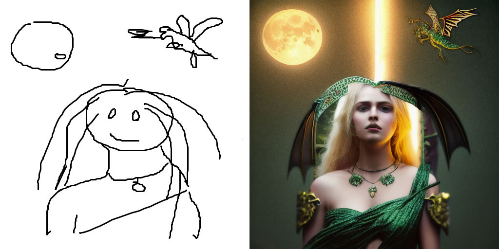 Prompt:a photo of a beautiful princess warrior, blonde, full moon, a flying dragon spewing fire, emerald necklace, long hair, insanely detailed and intricate, realistic, super detailed, 4k, 8k, cinematic, intricate, sharp lines, sharp focus, fascinating, 4k, award Detalhes: Steps: 30, Sampler: Euler a, CFG scale: 7, Seed: 595454437, Size: 512x512, Model hash: 768a6b534b, Model: ProtoGen_X5-1455-0191-1397, ControlNet Enabled: True, ControlNet Preprocessor: lineart_standard (from white bg & black line), ControlNet Model: control_scribble-fp16 [c508311e], ControlNet Weight: 1, ControlNet Starting Step: 0, ControlNet Ending Step: 1, ControlNet Resize Mode: Crop and Resize, ControlNet Pixel Perfect: True, ControlNet Control Mode: Balanced, ControlNet Preprocessor Parameters: "(512, 0.4, 200)"